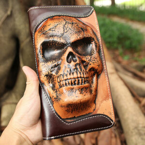 Cowhide Skull Ghost Head Men's Zipper Leather Wallet